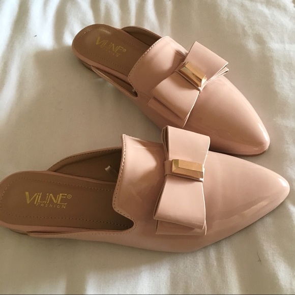 Nude Pink backless flat mules, gold stripe on hill - Picture 4 of 6